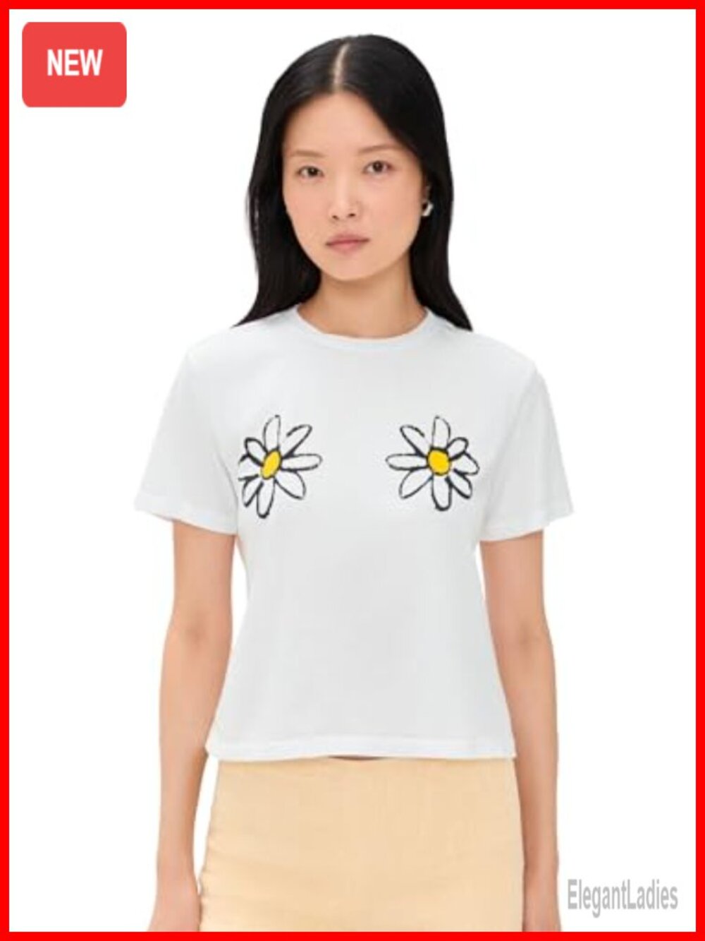 Lightweight Stretch Jersey Daisy Graphic Tee Crew Neck Short Sleeve